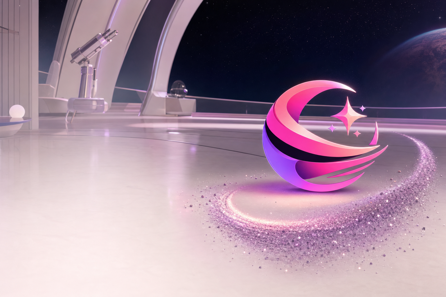 Sweep, a pink and violet crescent emblem with three sparks, resting on a pearl observatory floor beside a swirl of glitter dust